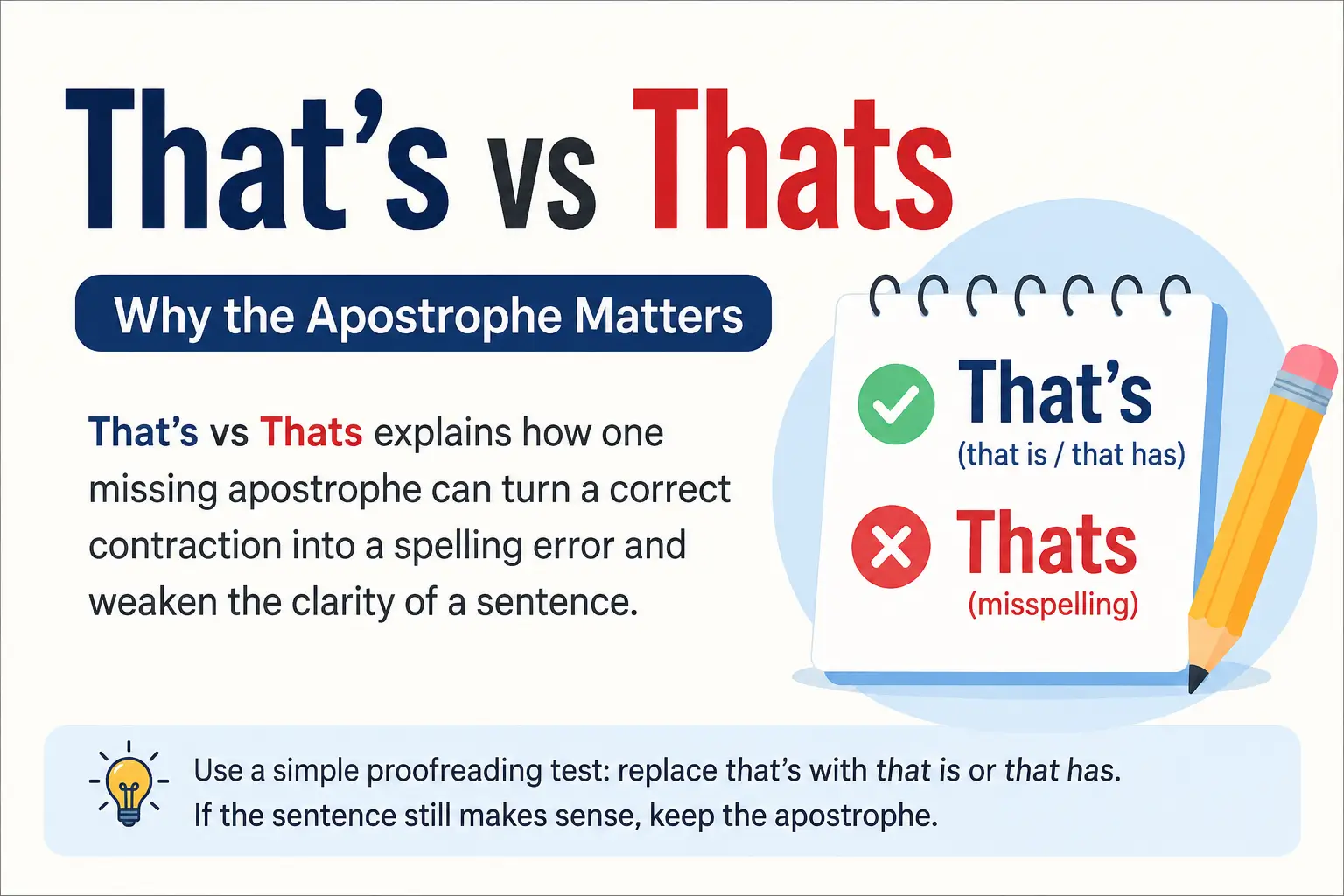That's vs Thats explained with examples showing the correct use of that's and why thats is a spelling mistake.