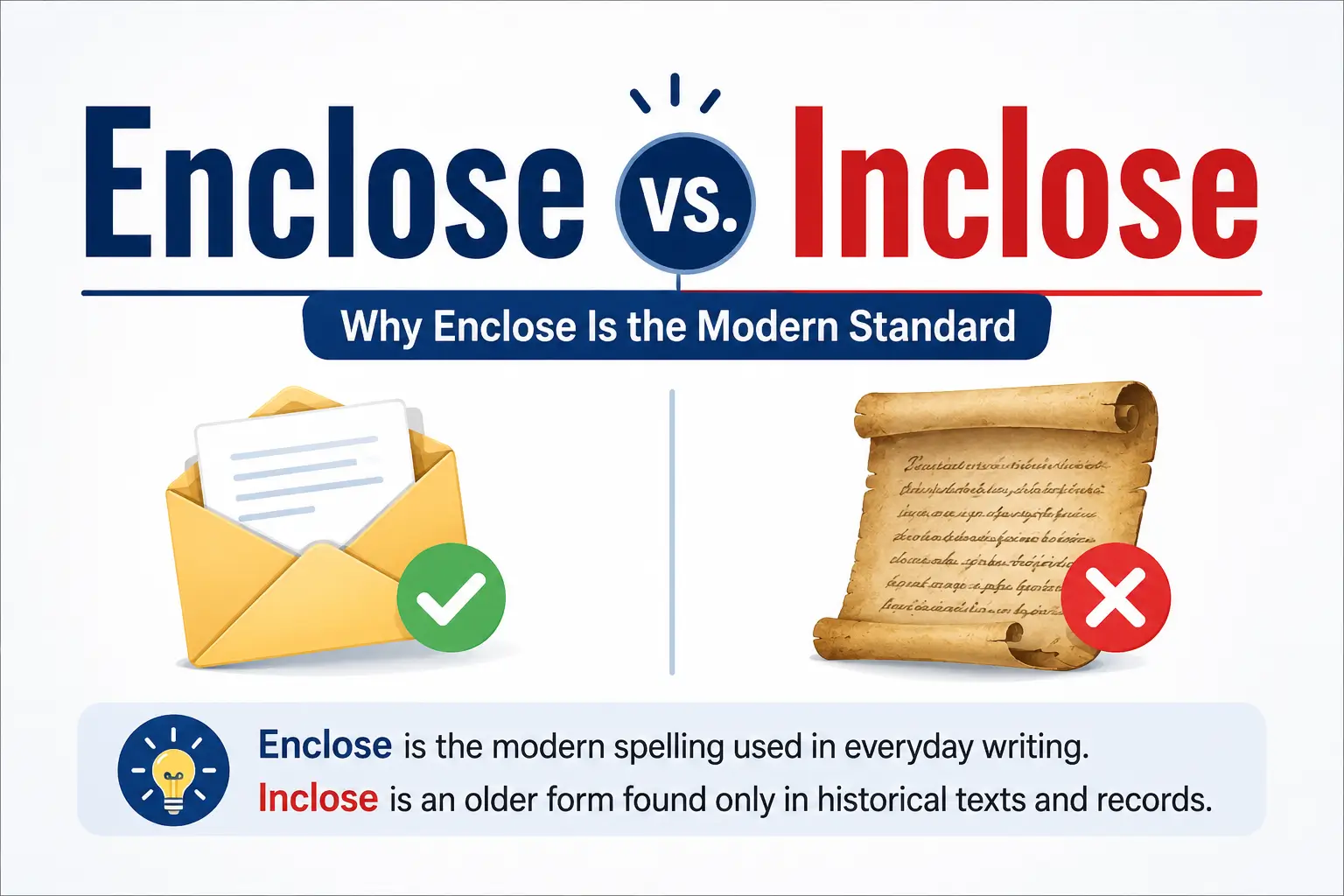 Enclose vs Inclose explained with the correct spelling, grammar rules, historical usage, and simple examples.