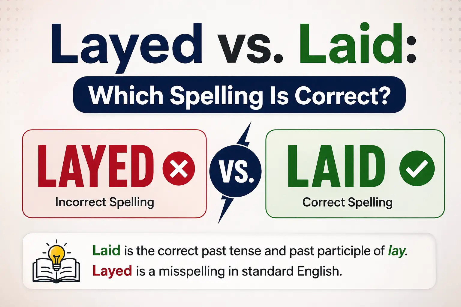 Layed vs laid comparison showing laid as correct and layed as incorrect