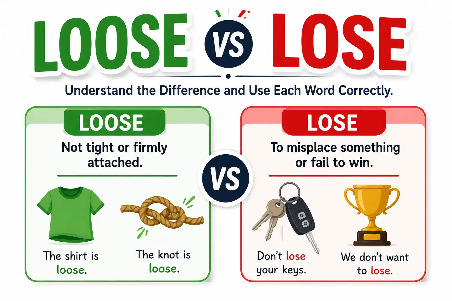 Loose vs lose difference with meanings and simple examples