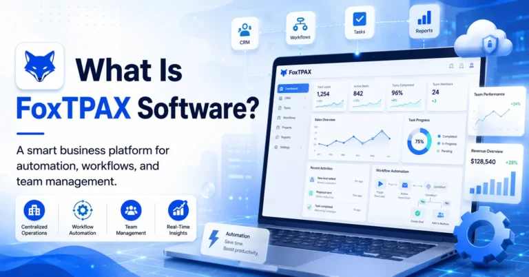 FoxTPAX Software dashboard showing workflow automation, CRM, tasks, reports, and business management tools