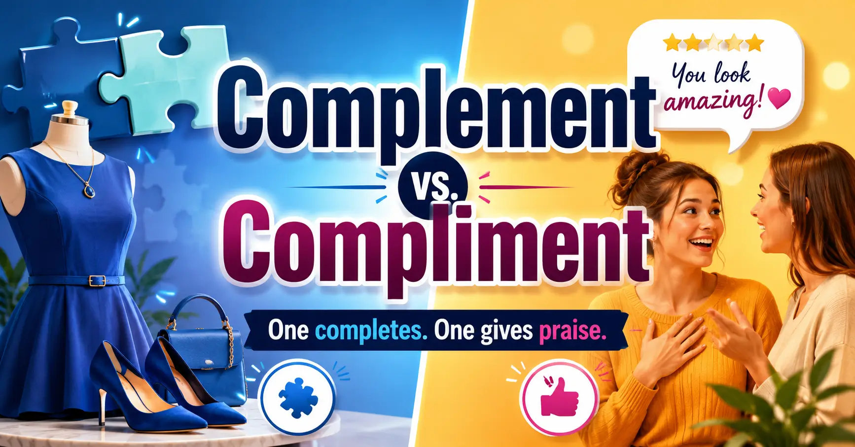 Complement vs Compliment difference explained with examples of completing something versus giving praise