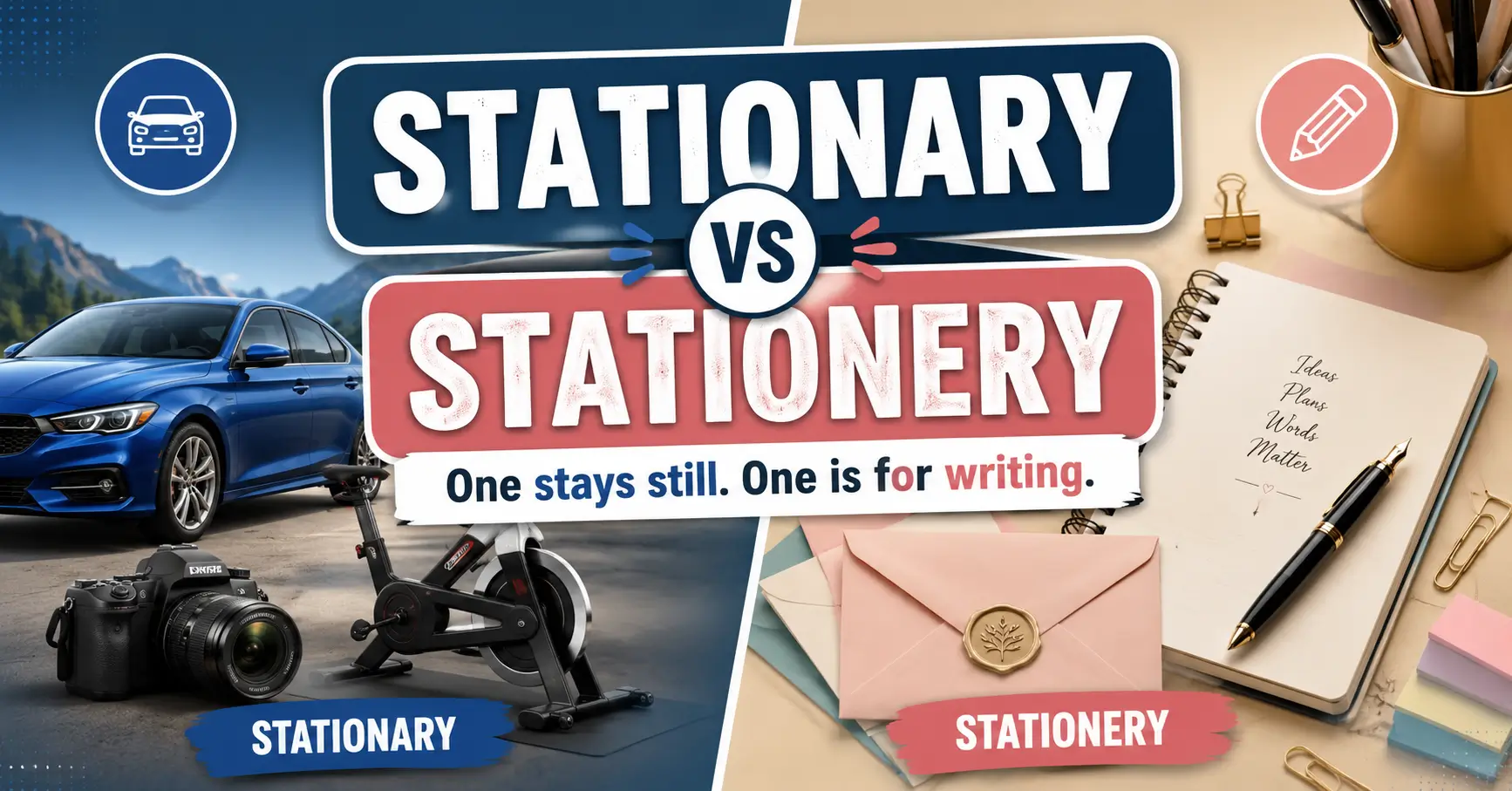 Stationary vs Stationery difference explained with a stationary car and writing stationery supplies