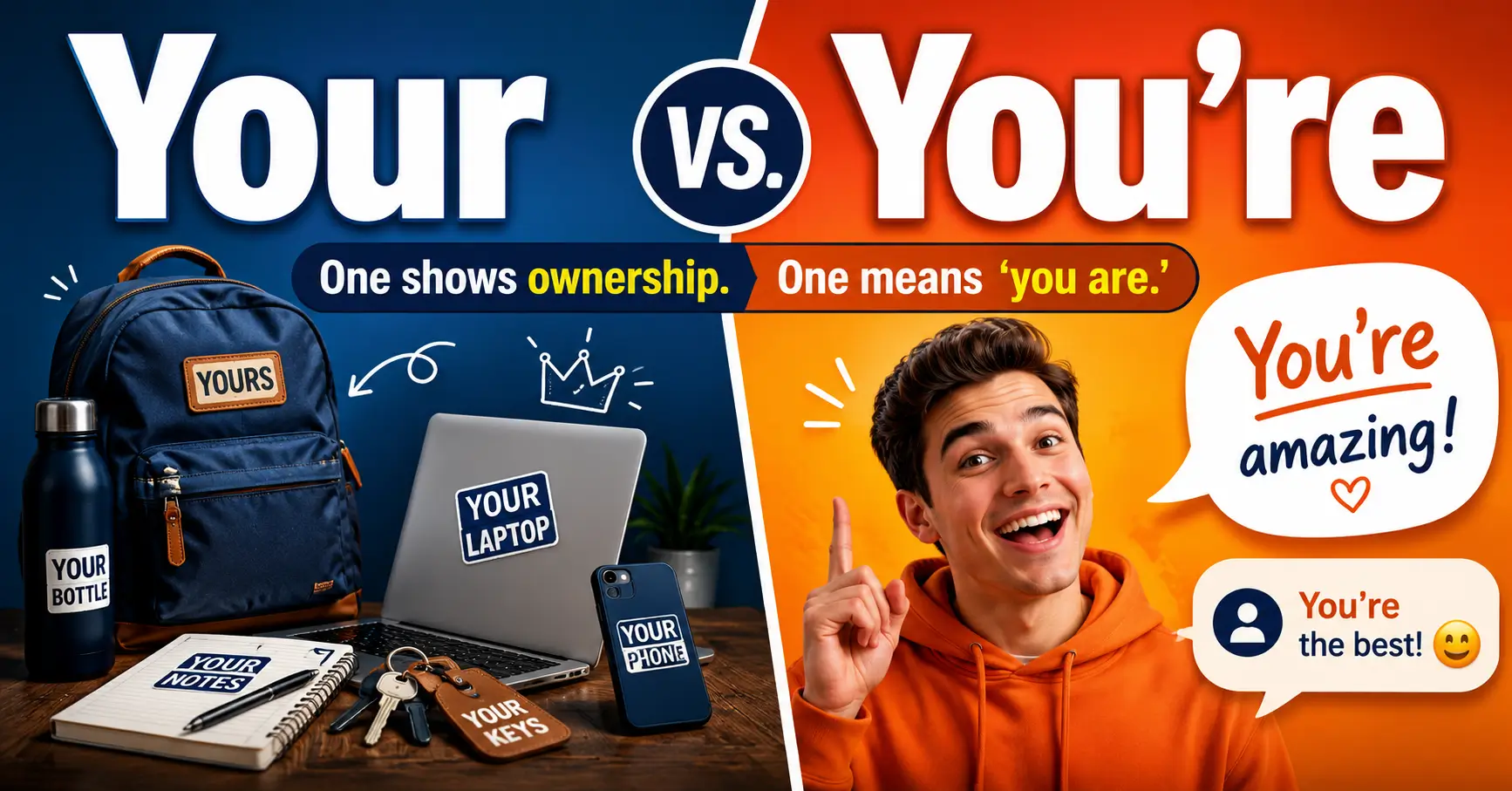 Your vs You’re difference explained with ownership examples and you are contraction examples