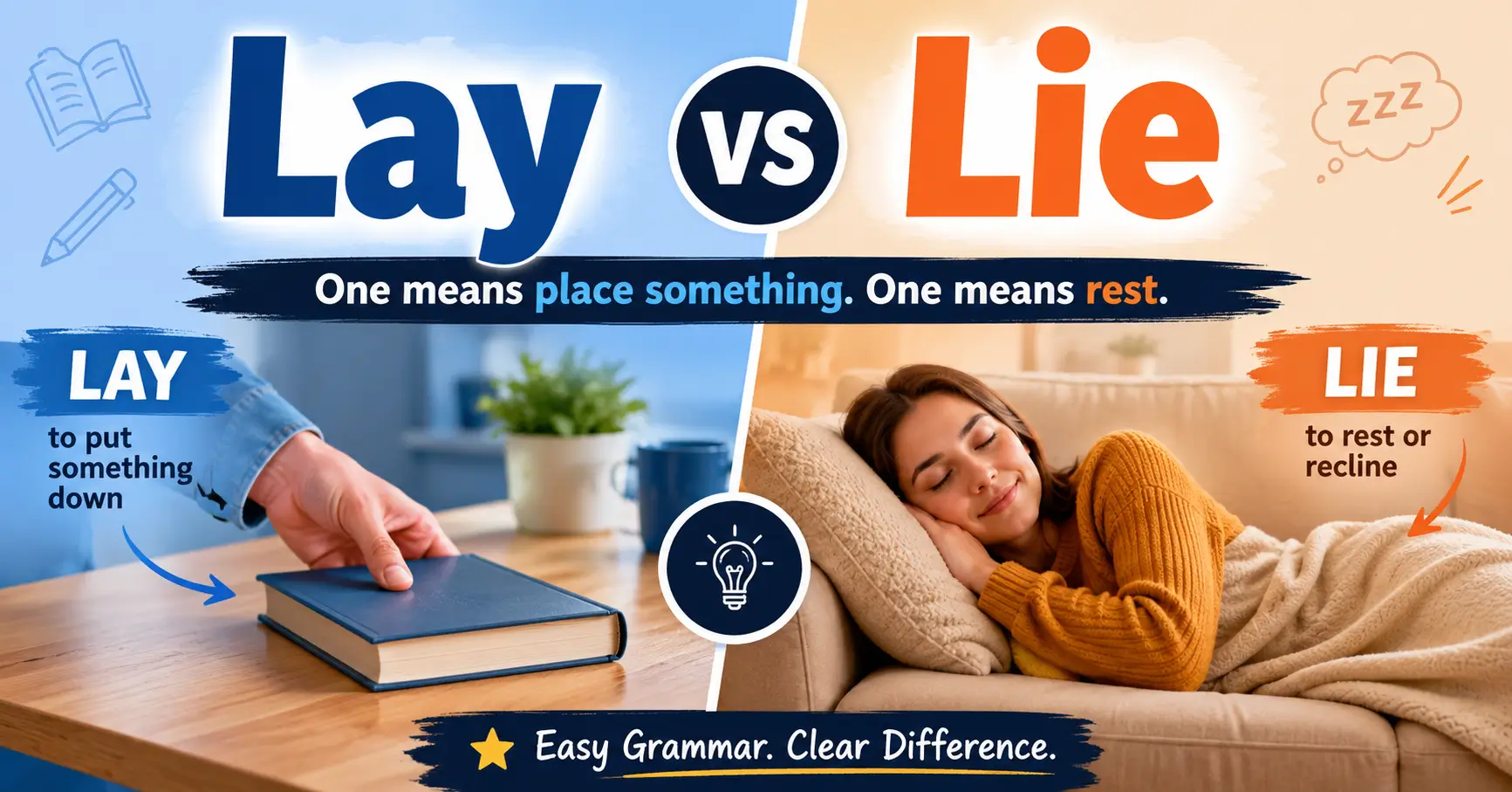 Lay vs Lie difference explained with placing a book and lying down to rest