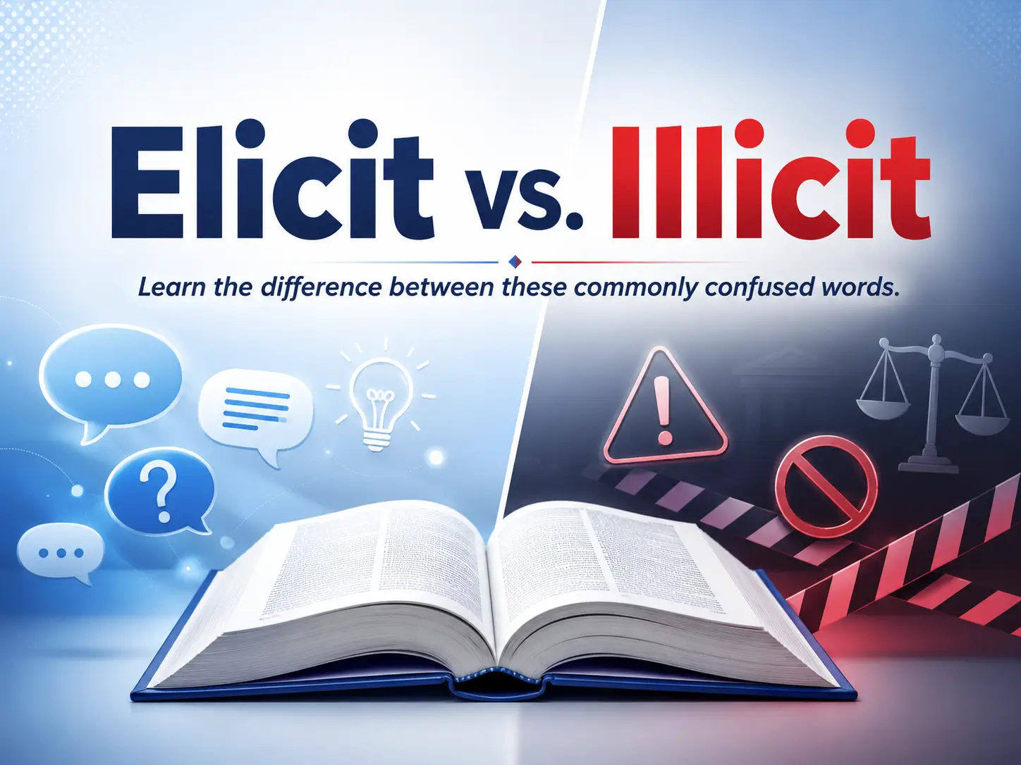 Elicit vs illicit comparison with speech bubbles, warning symbols, and an open dictionary