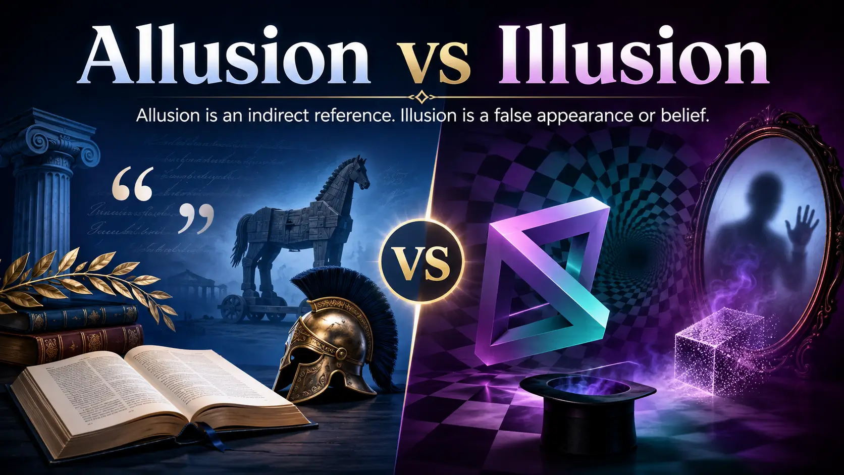 Allusion vs illusion comparison showing literary references and false appearances