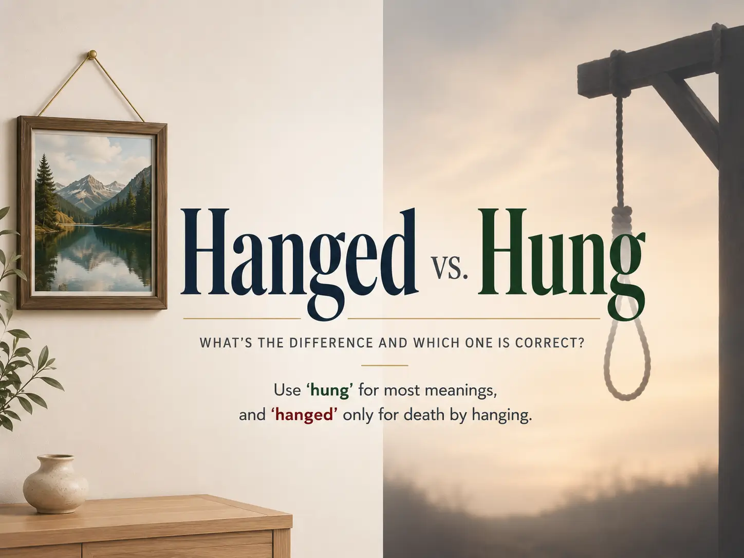 Hanged vs hung difference showing a hung picture and the correct grammar rule for using hanged and hung.