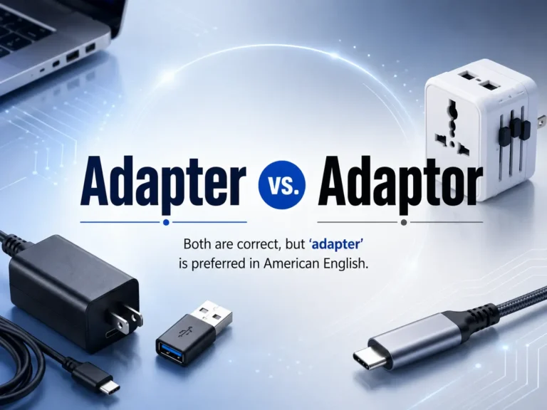 Adapter vs adaptor comparison with power, USB, travel and USB-C adapters explaining the preferred American English spelling.