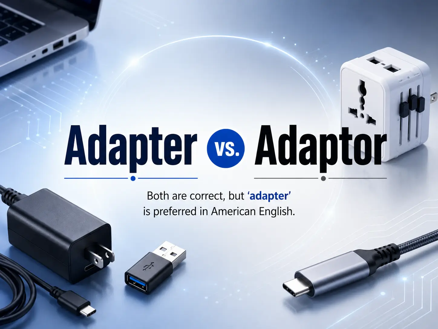 Adapter vs adaptor comparison with power, USB, travel and USB-C adapters explaining the preferred American English spelling.
