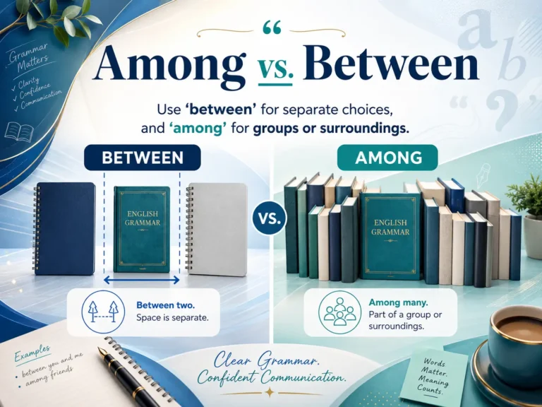 Among vs between comparison showing an English grammar book between two notebooks and among a group of books.
