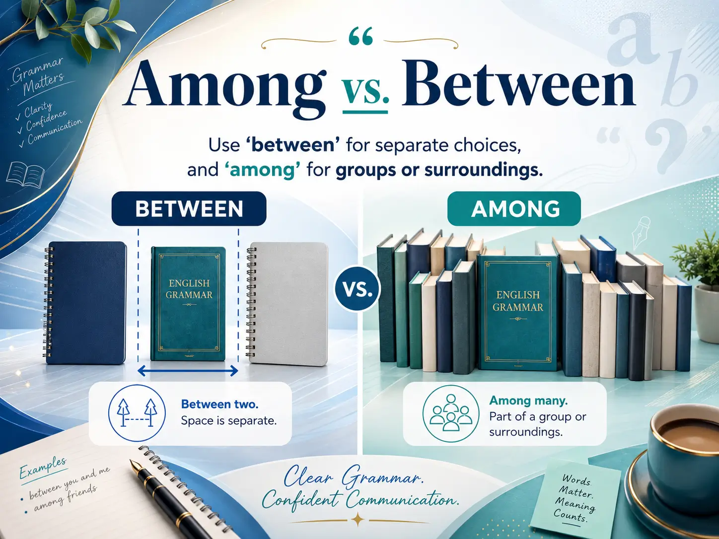 Among vs between comparison showing an English grammar book between two notebooks and among a group of books.