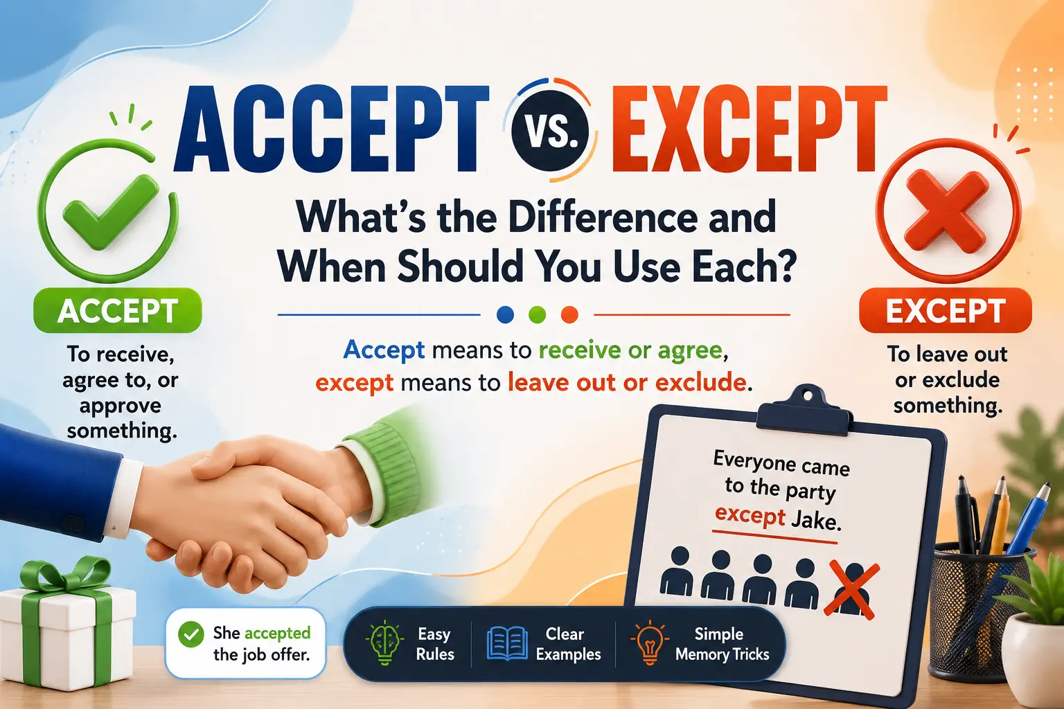Accept vs Except grammar guide explaining the difference between accept and except with simple examples and easy grammar rules.