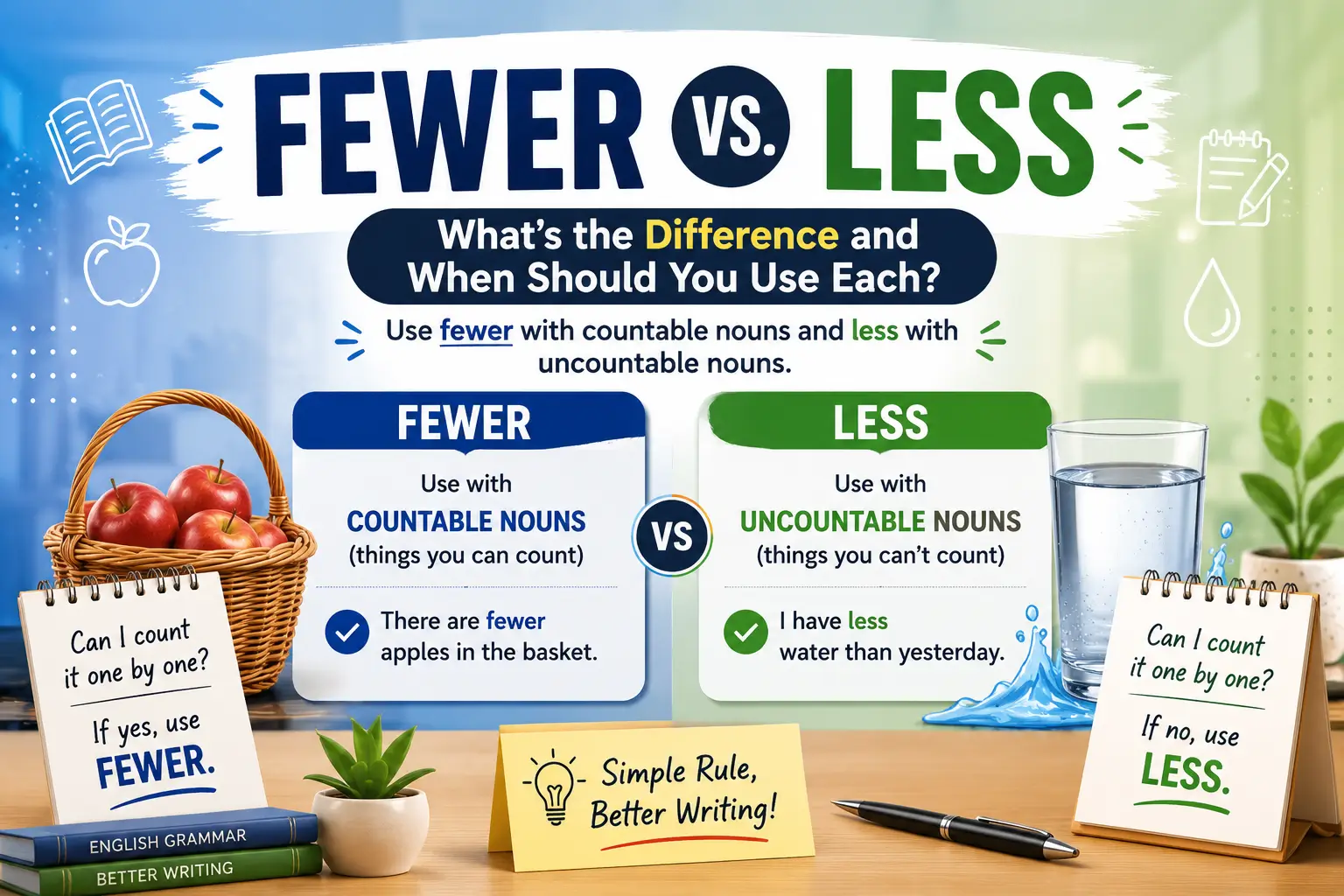 Fewer vs Less grammar guide explaining the difference between fewer and less with countable and uncountable noun examples.