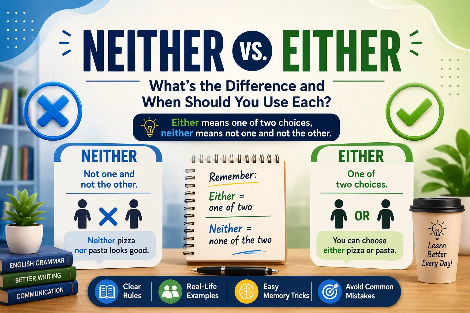 Neither vs Either grammar guide explaining the difference between neither and either with simple examples, grammar rules, and subject-verb agreement.