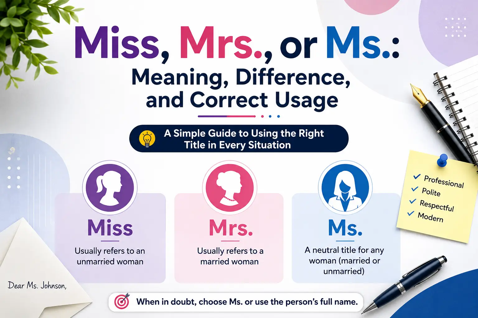 Miss, Mrs., or Ms. meaning, difference, and correct usage explained