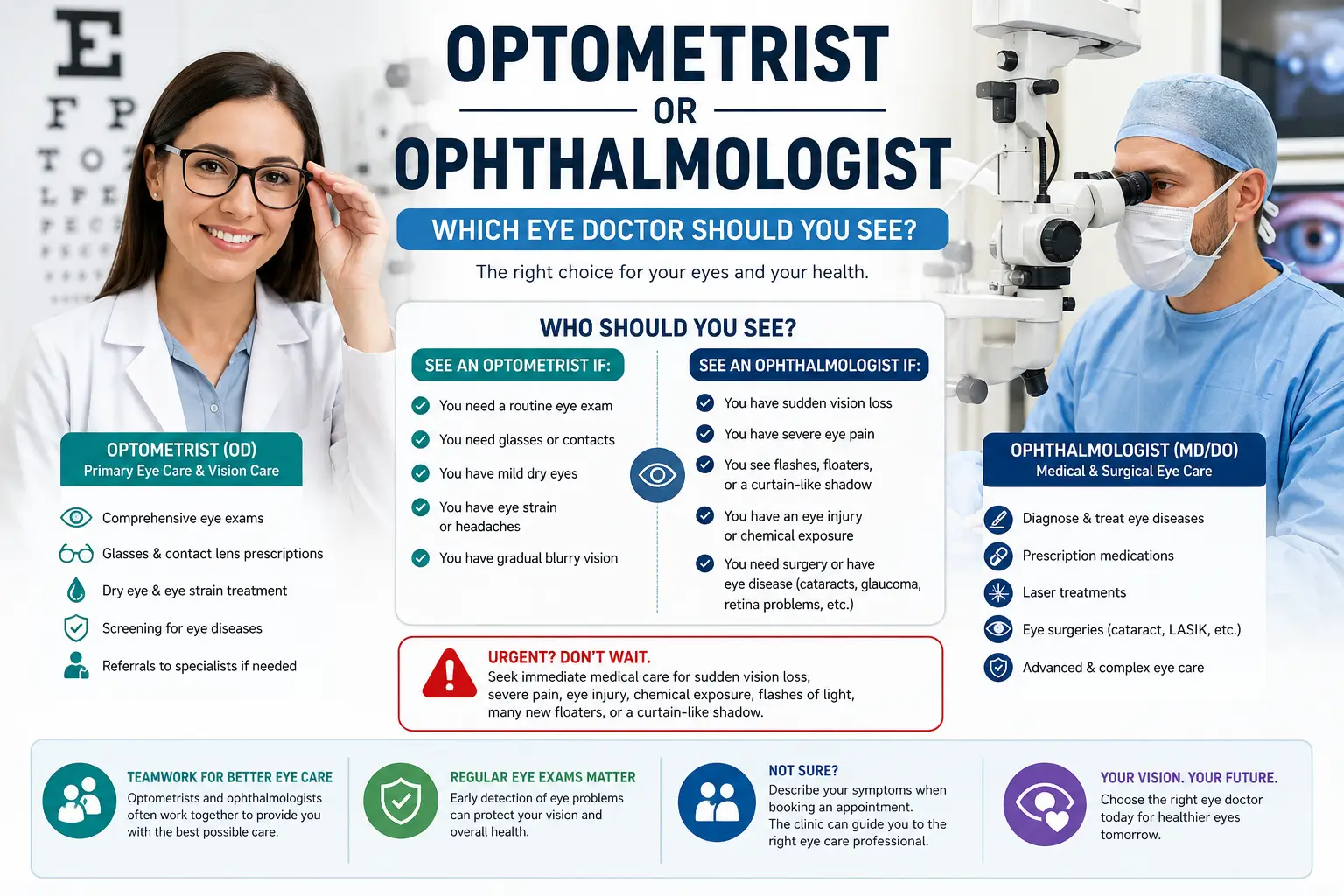 Optometrist or ophthalmologist guide showing which eye doctor to see for vision exams, eye disease, surgery, and urgent symptoms.