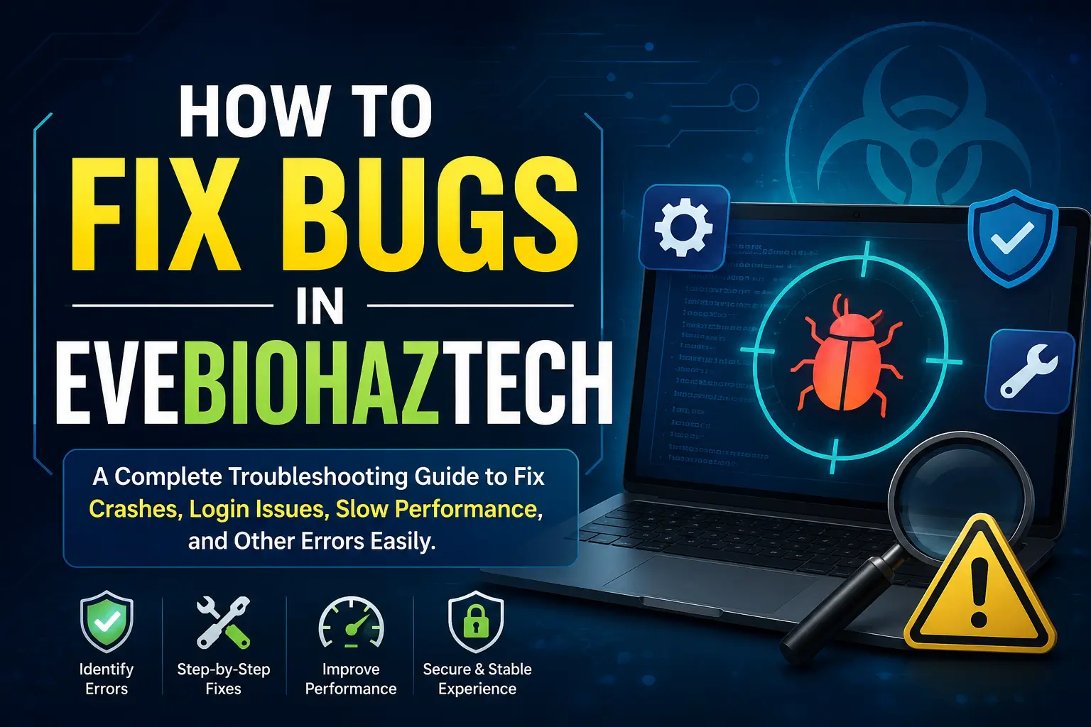 How to Fix Bugs in EveBioHazTech showing a laptop with bug scanning, error warning icons, troubleshooting tools, and cybersecurity interface.