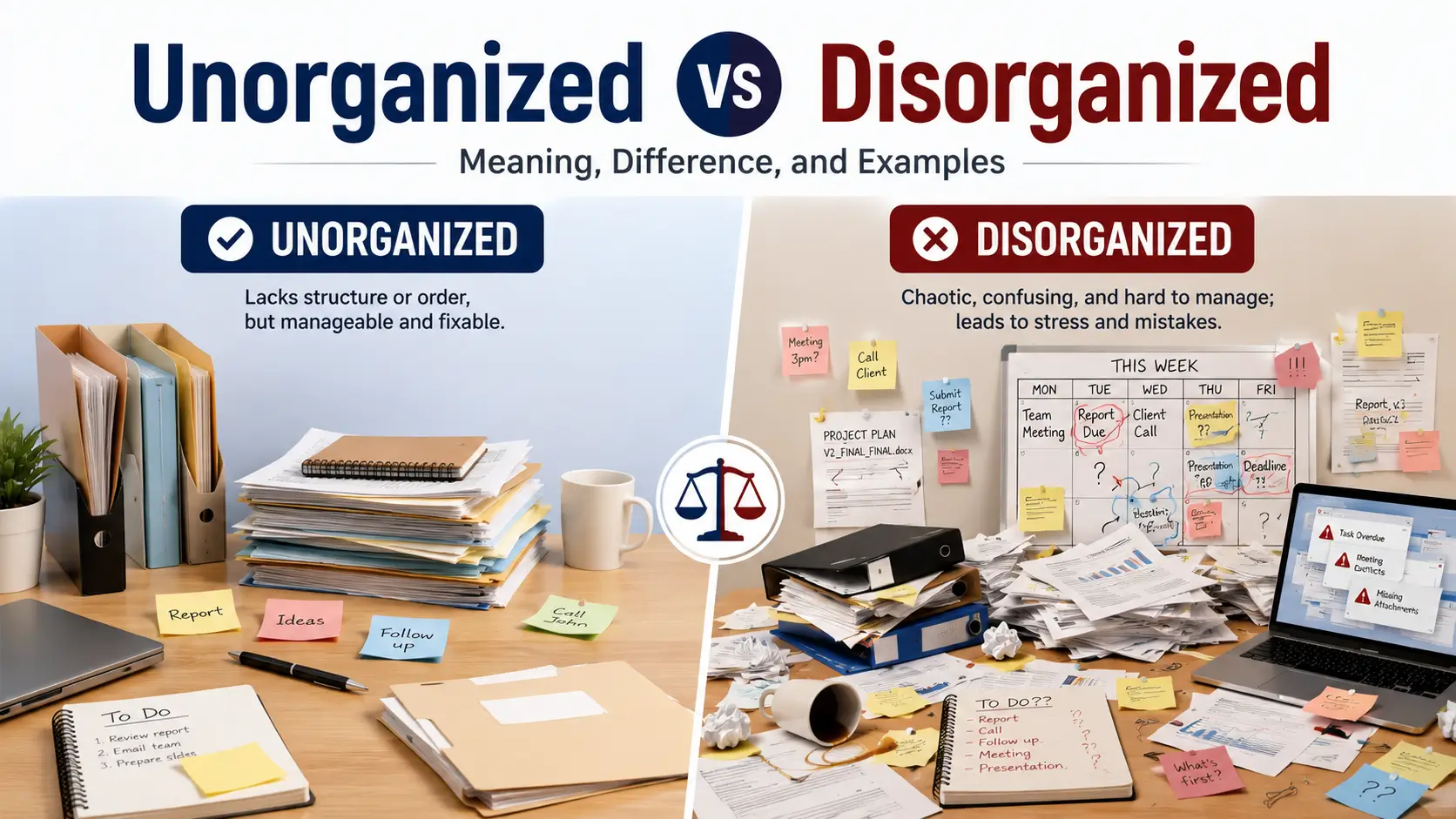 Unorganized vs disorganized comparison showing the difference between an unsorted workspace and a chaotic messy workspace