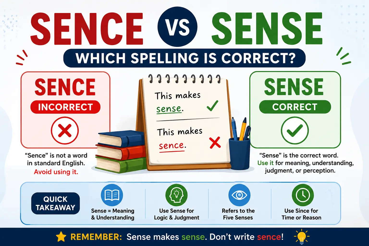 Sence vs sense correct spelling guide showing sense is correct and sence is incorrect