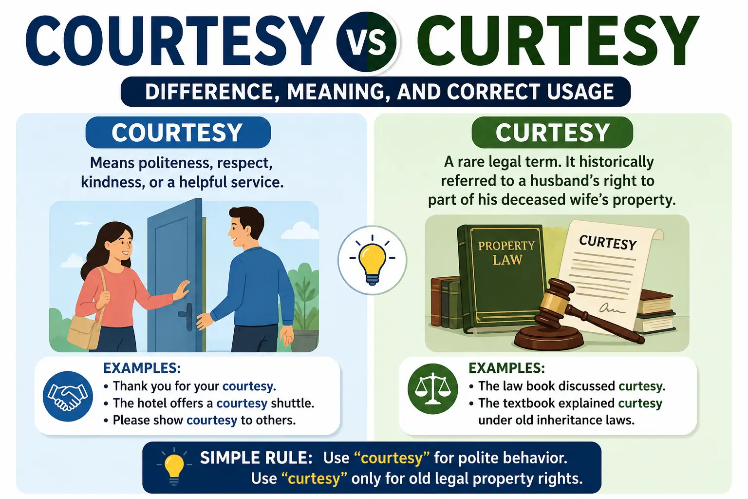 Courtesy vs curtesy difference explained with examples of polite behavior and legal meaning