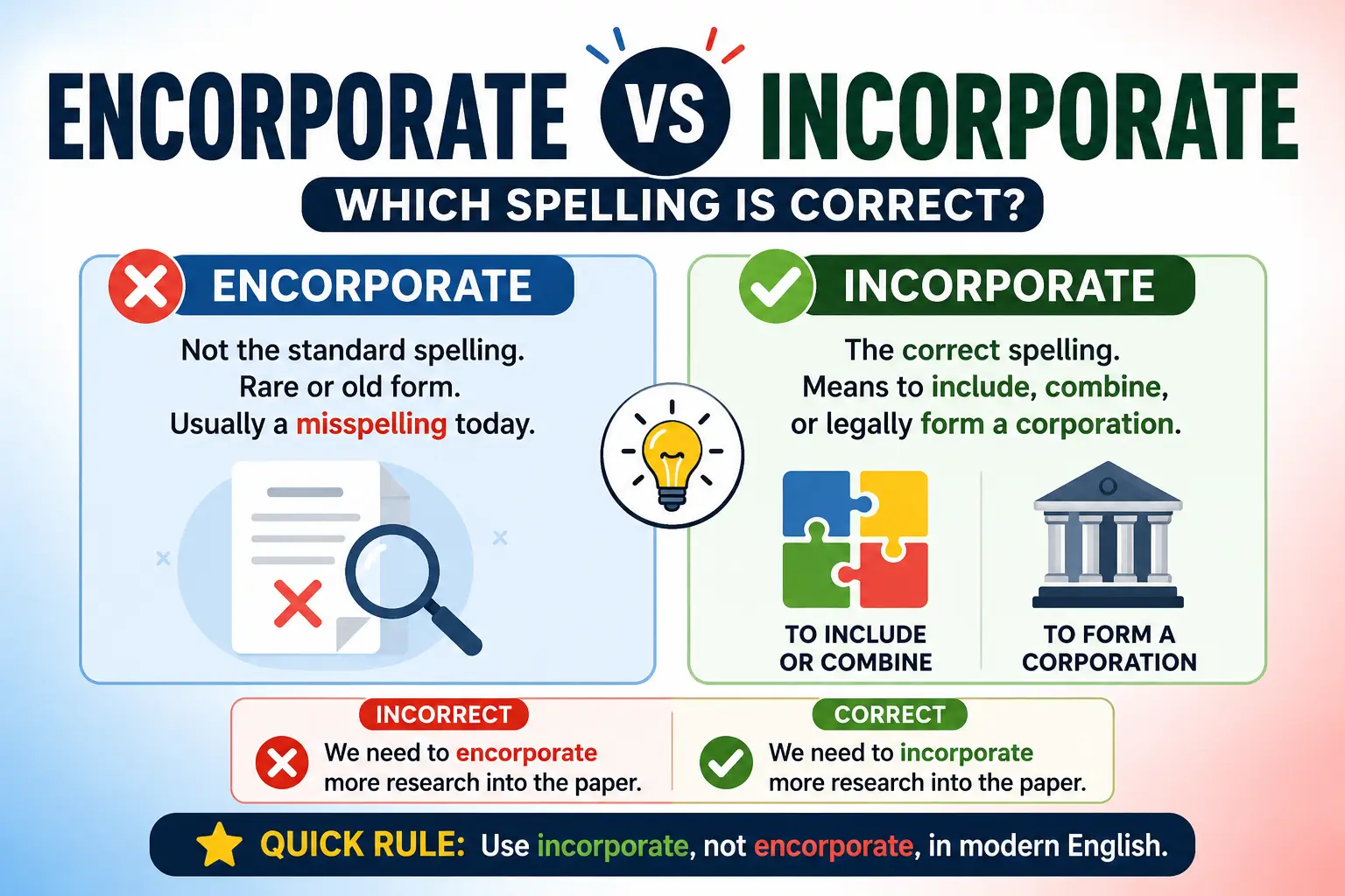 Encorporate vs incorporate spelling difference explained with correct usage examples