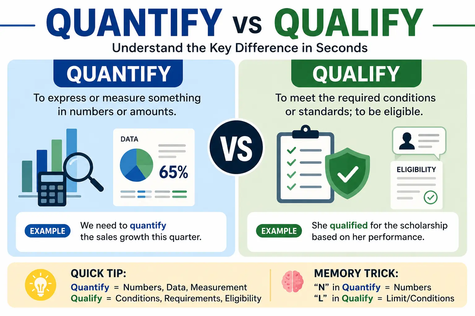 Quantify vs qualify meaning and difference explained with examples