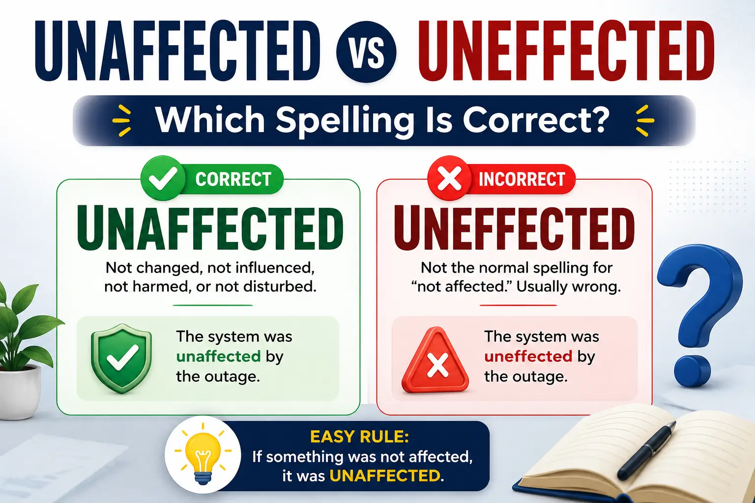Unaffected vs uneffected spelling difference showing unaffected as the correct word and uneffected as incorrect