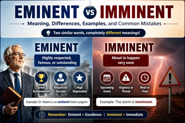 Eminent vs imminent comparison showing eminent means highly respected, while imminent means something is about to happen soon.
