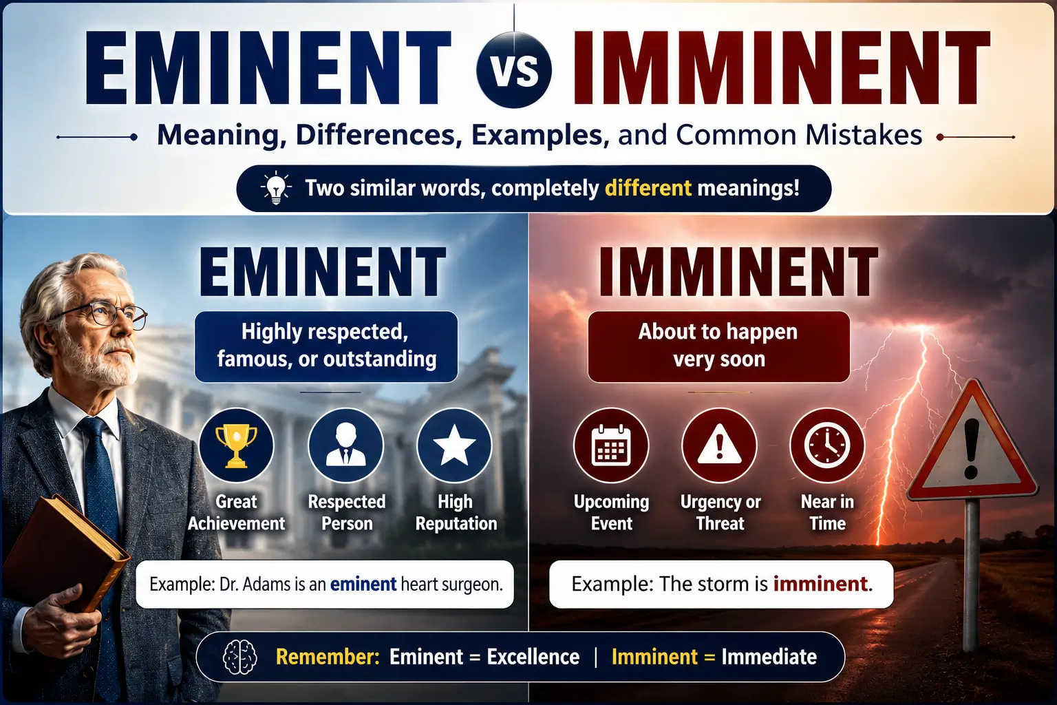 Eminent vs imminent comparison showing eminent means highly respected, while imminent means something is about to happen soon.