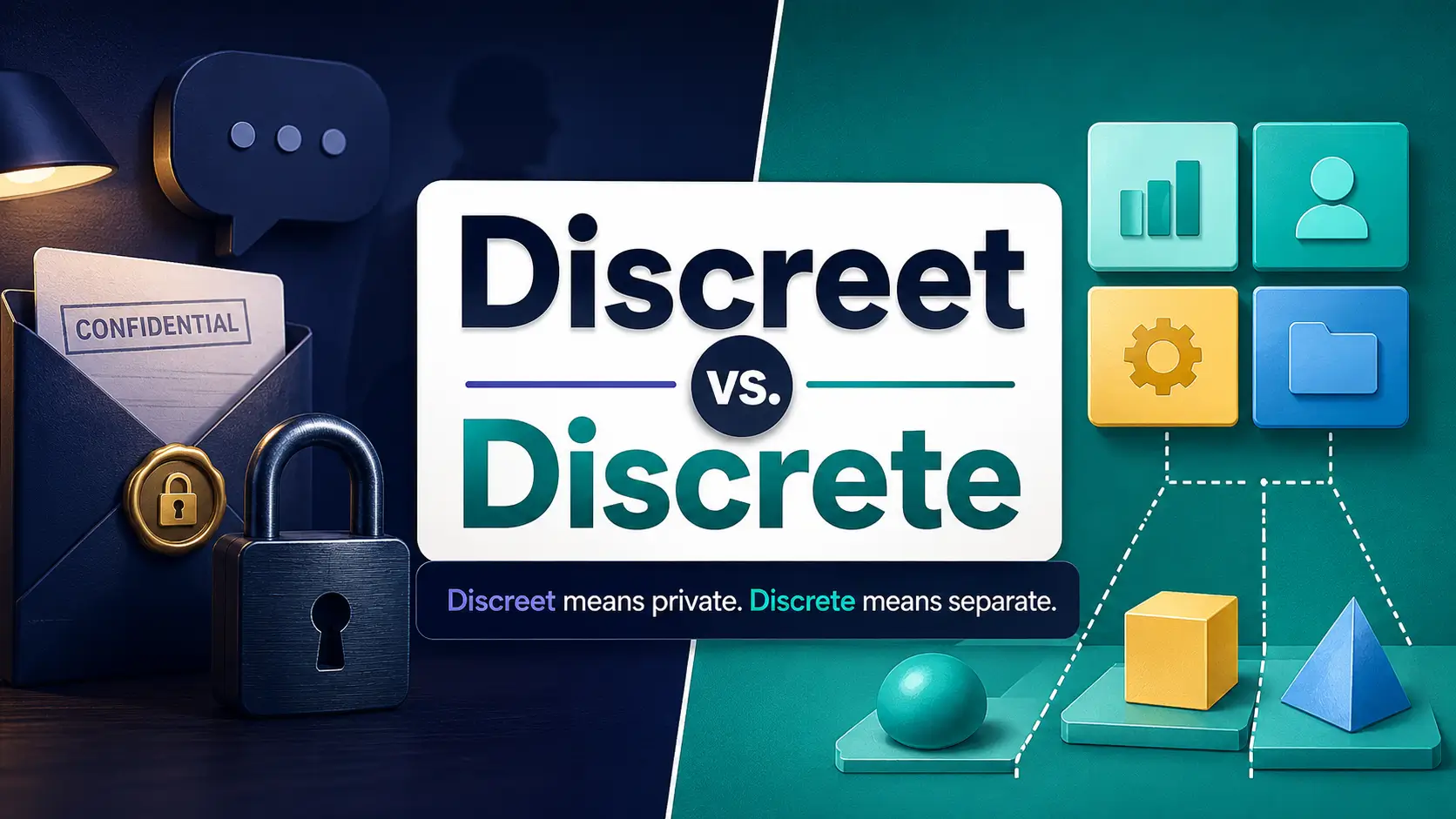 Discreet vs. discrete comparison showing discreet means private and discrete means separate