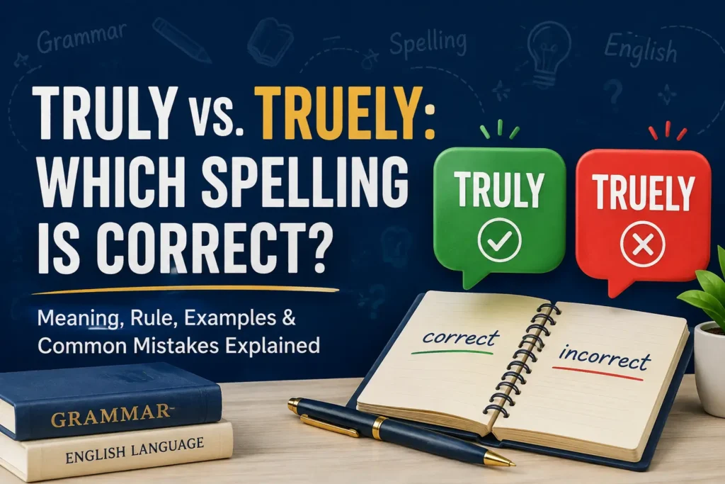 Truly vs. Truely spelling comparison showing Truly as correct and Truely as incorrect