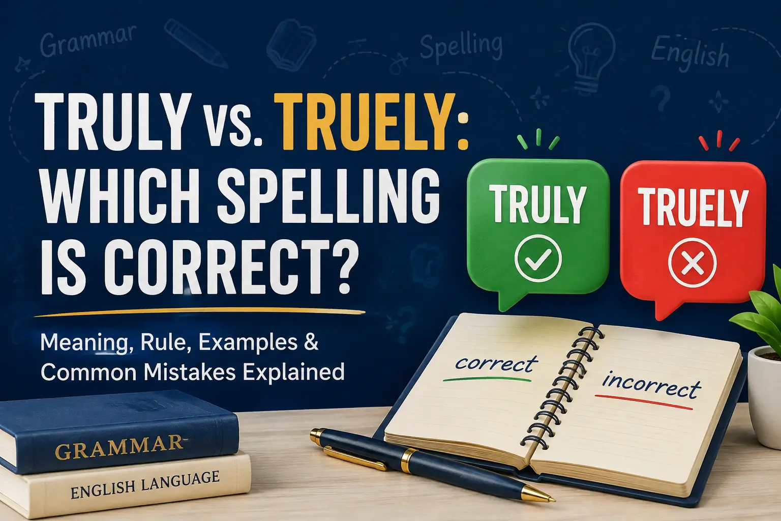 Truly vs. Truely spelling comparison showing Truly as correct and Truely as incorrect