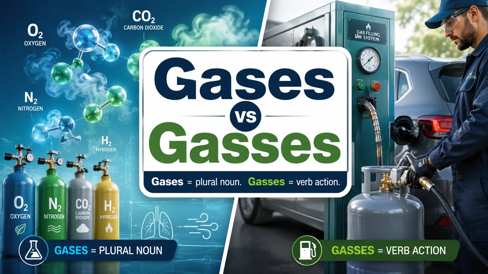 Gases vs gasses comparison showing gases as a plural noun and gasses as a verb action