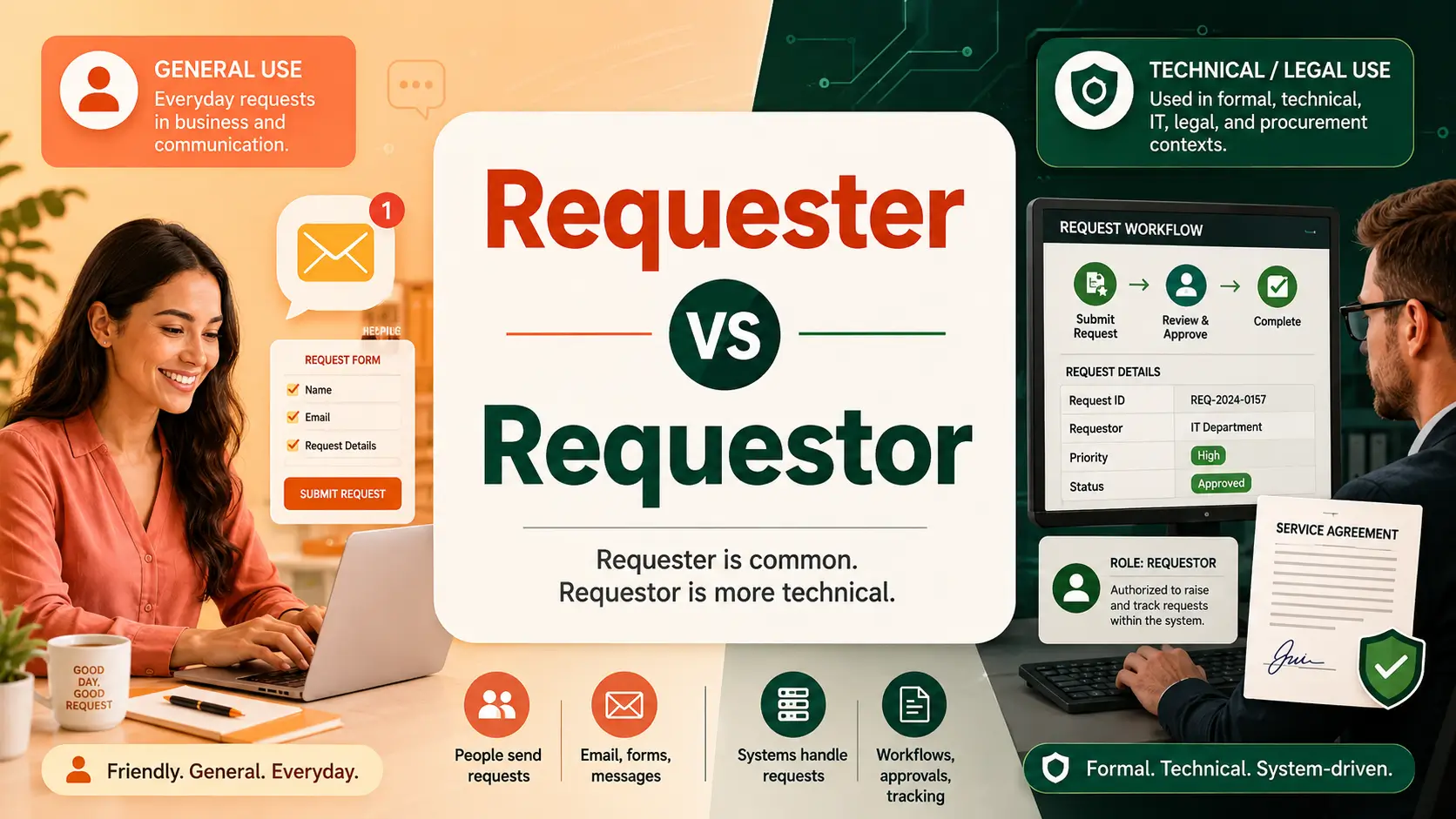 Requester vs requestor comparison showing requester for general use and requestor for technical or legal contexts