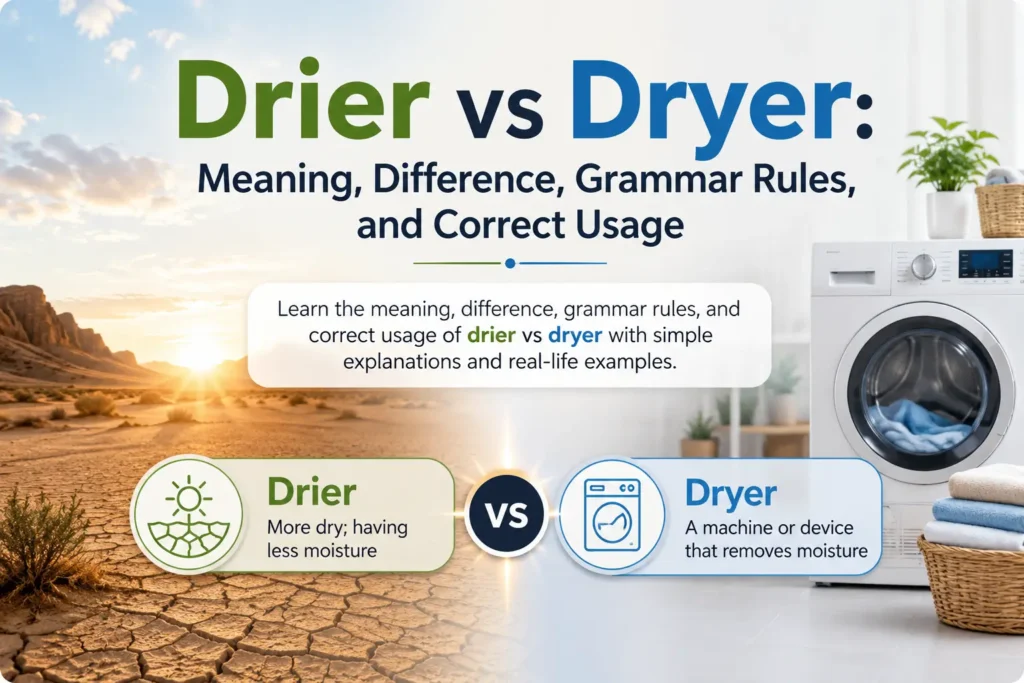 Drier vs dryer difference explained with examples of dry weather and a clothes dryer.