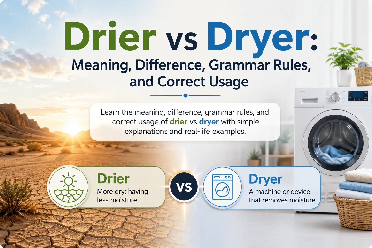 Drier vs dryer difference explained with examples of dry weather and a clothes dryer.
