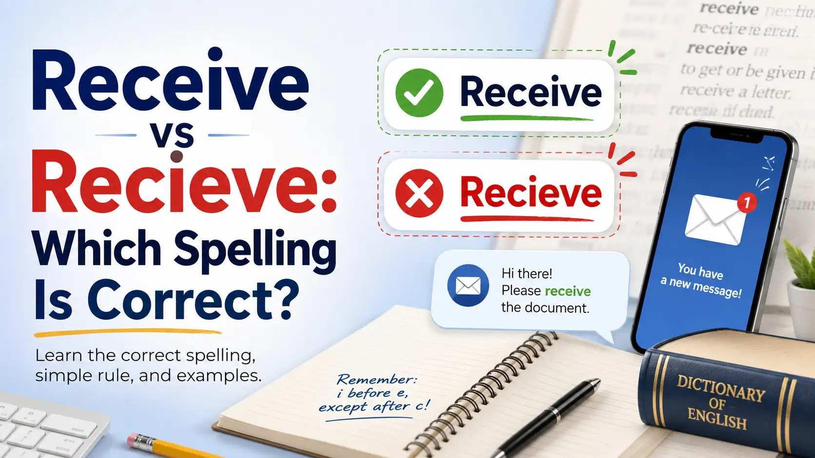 Receive vs Recieve correct spelling with simple rule and examples