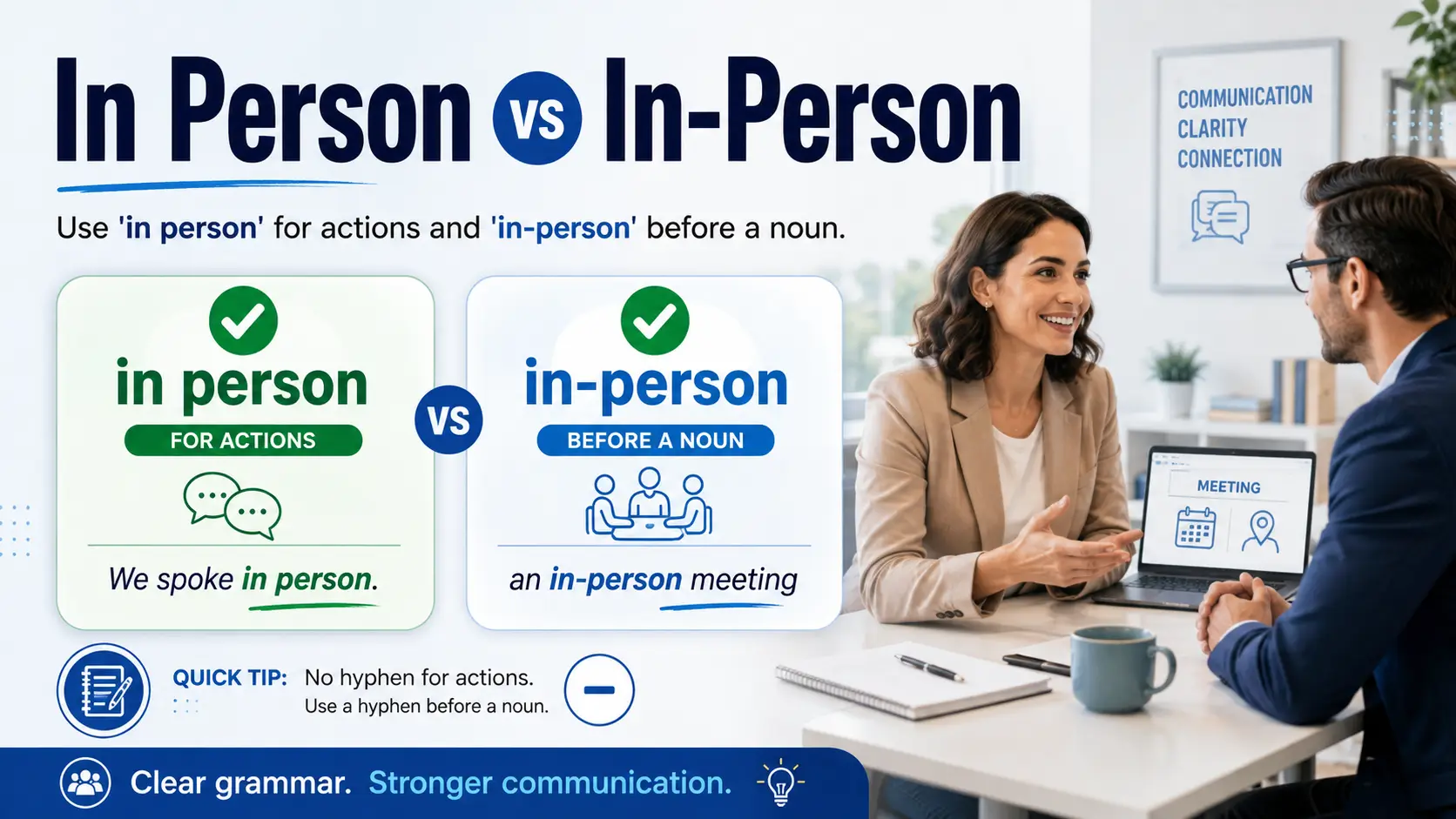 In person vs in-person difference with grammar rules and examples