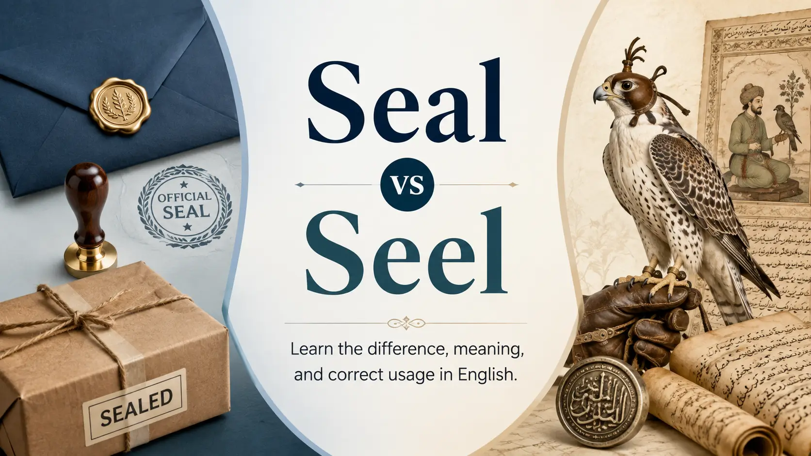 Seal vs Seel difference showing correct meanings, spelling, usage, official seal, package, and historical falconry example.