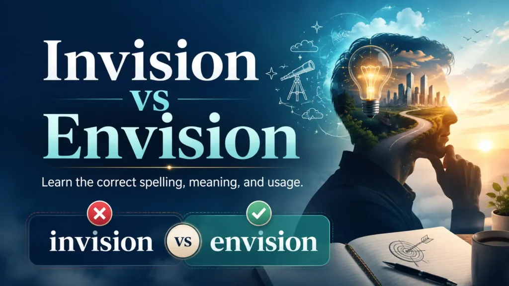 Invision vs Envision comparison showing the correct spelling, meaning, and English usage with envision marked as correct.