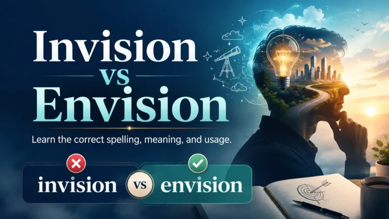 Invision vs Envision comparison showing the correct spelling, meaning, and English usage with envision marked as correct.