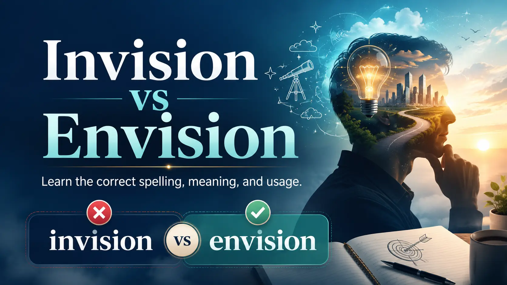 Invision vs Envision comparison showing the correct spelling, meaning, and English usage with envision marked as correct.