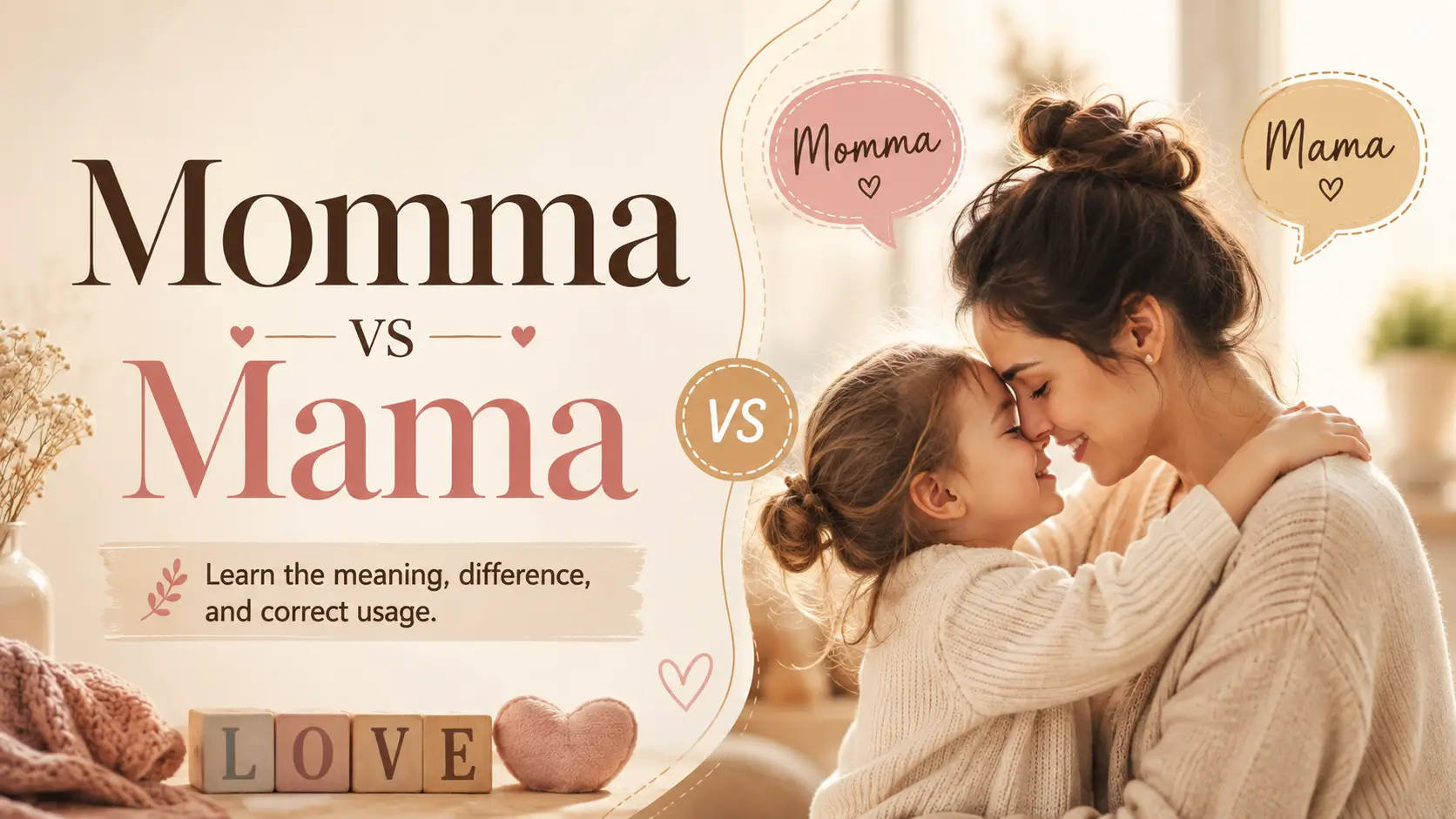 Momma vs Mama comparison showing the meaning, spelling difference, tone, and correct English usage.