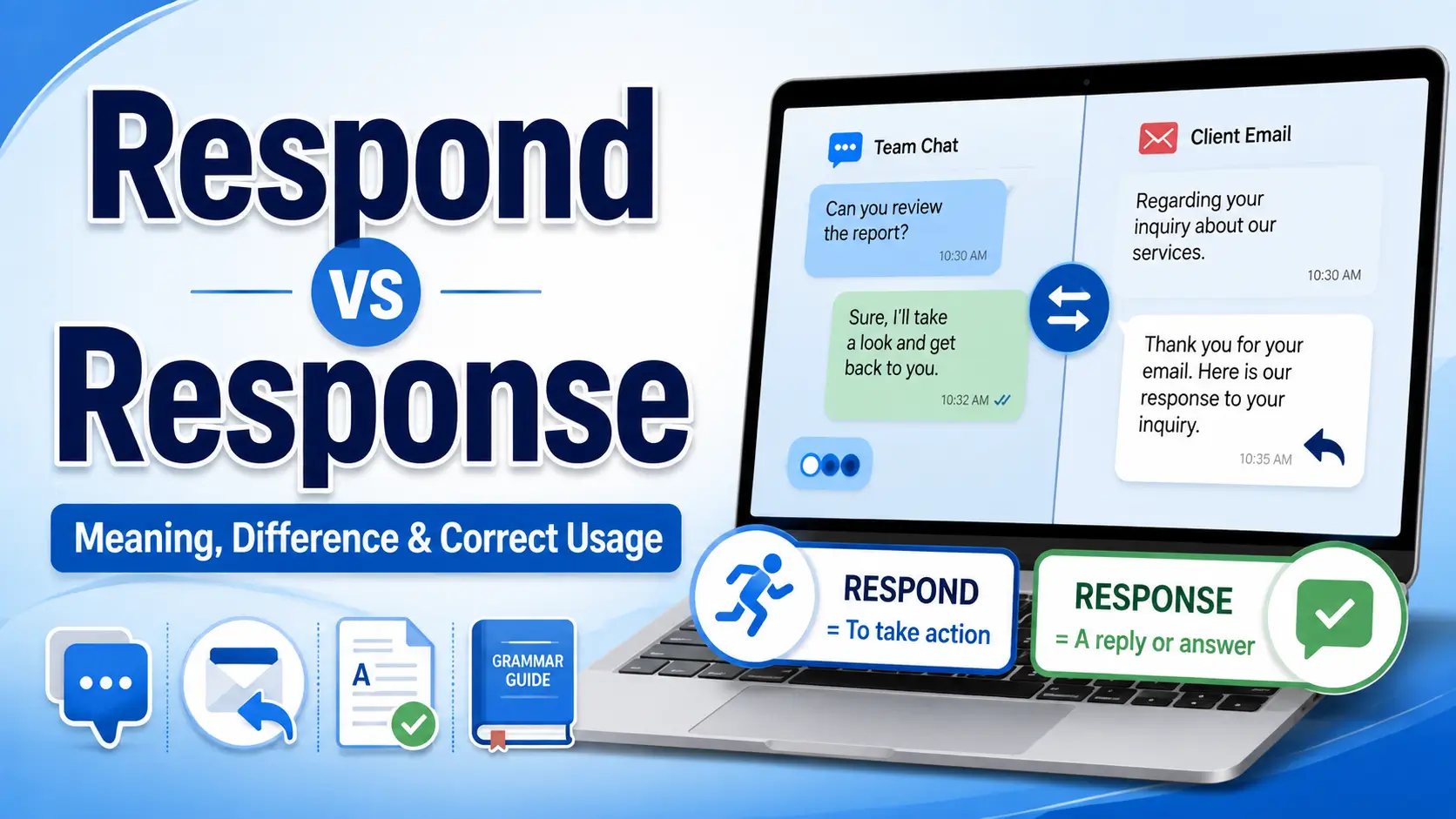 Respond vs response meaning, difference, grammar rules, and correct usage explained