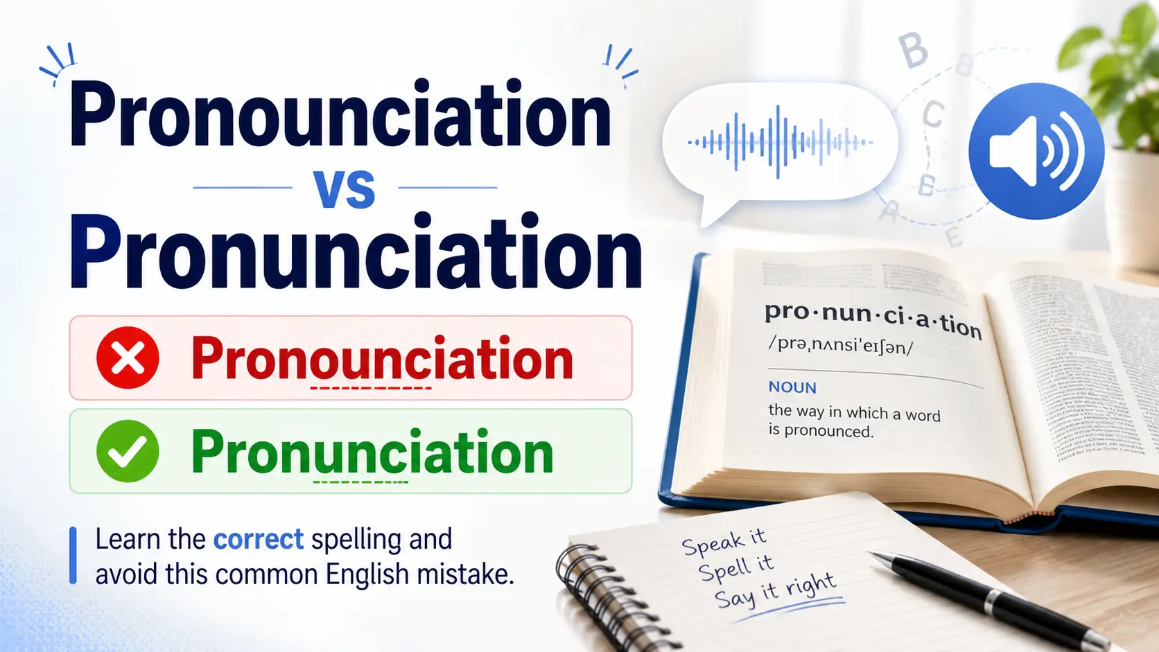Pronounciation vs pronunciation showing the correct spelling, meaning, and common English spelling mistake