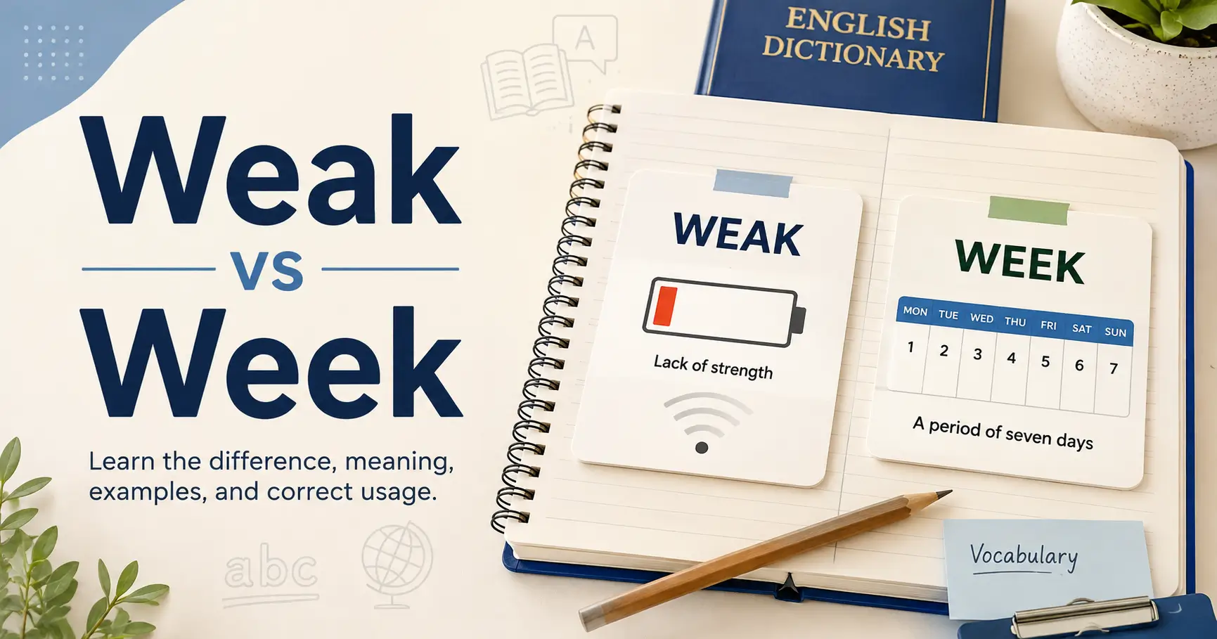 Weak vs week comparison showing the difference between lack of strength and a seven-day period with simple English examples