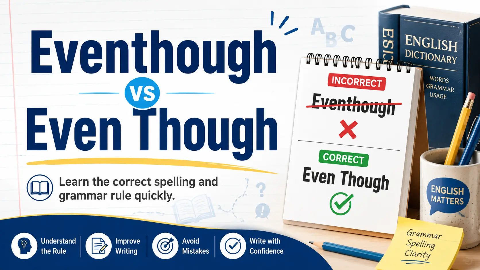 Eventhough vs Even Though comparison showing the incorrect and correct spelling with a simple English grammar guide.
