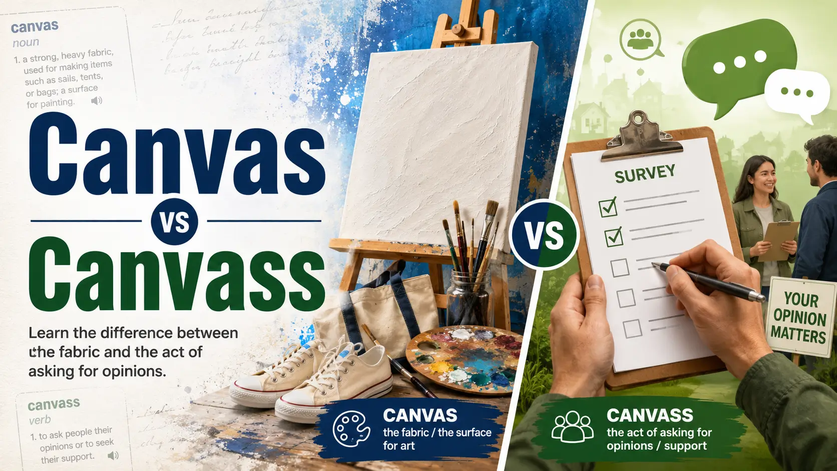 Canvas vs Canvass comparison showing the difference in meaning and correct English usage