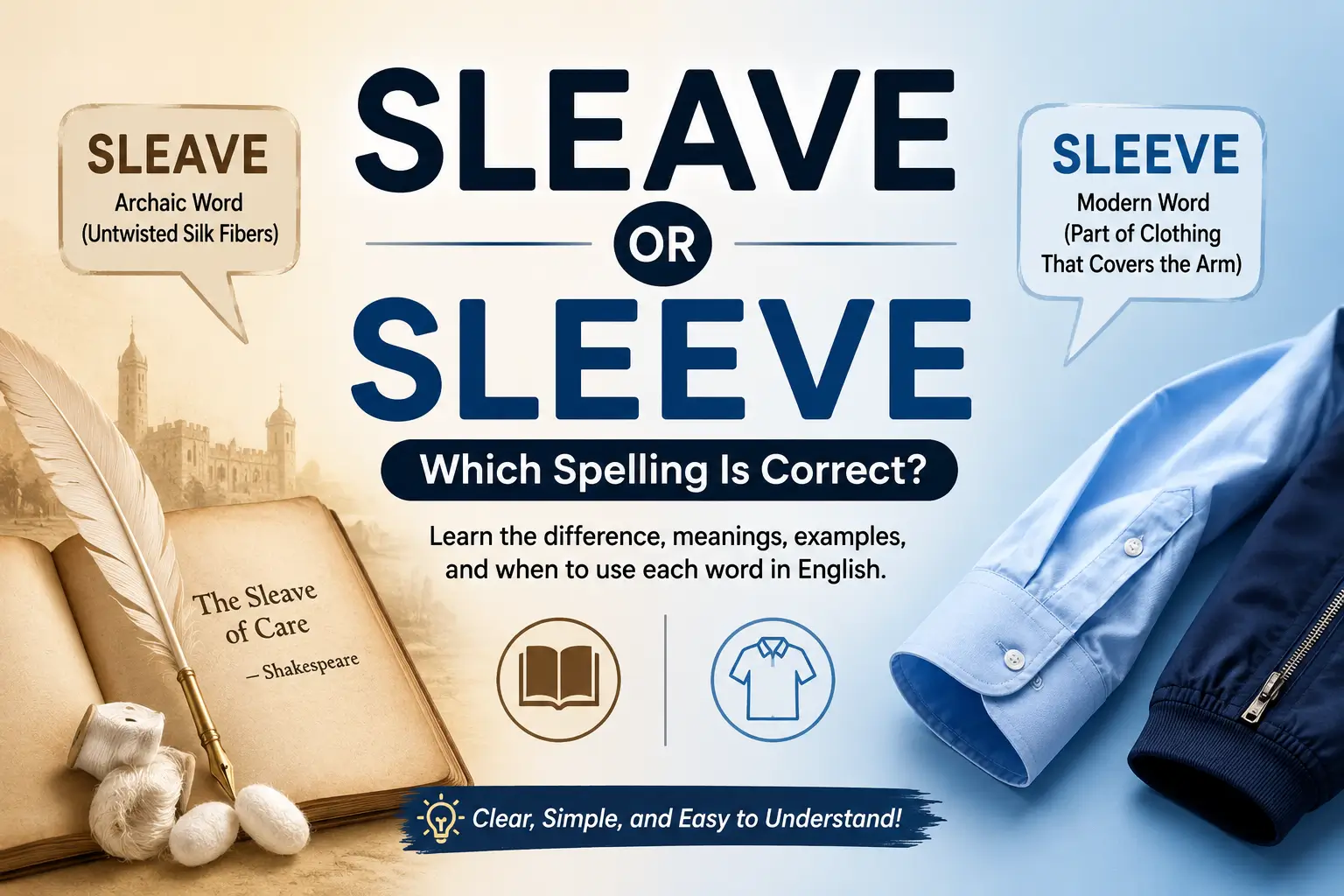 Sleave or sleeve spelling comparison showing the correct word for clothing and the historical meaning of sleave
